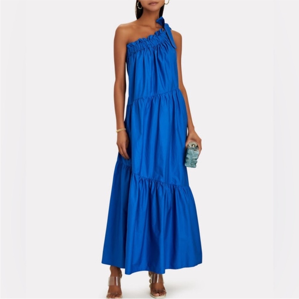 XIRENA NEW Maisie Dress XS Royal Blue One-Shoulder Maxi COTTON Poplin Pockets